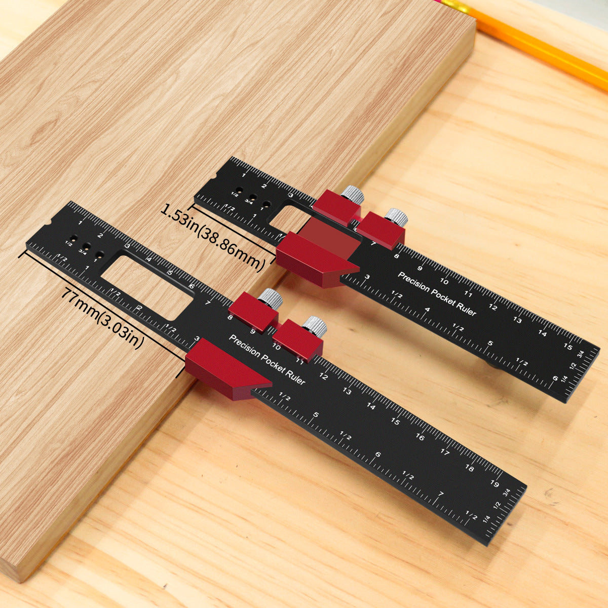 Protoolsy Locating Ruler in use, ensuring precise wood measurements