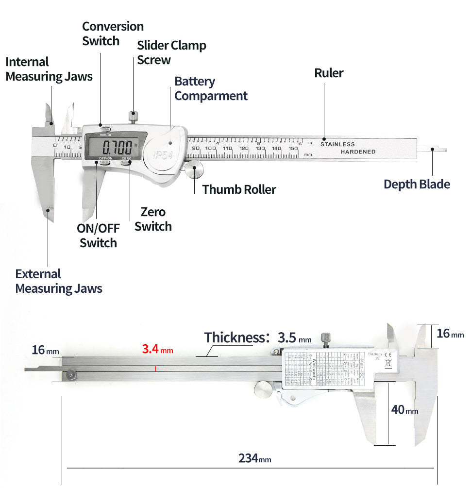 Protoolsy Digital Vernier Caliper sizes & features, stainless steel