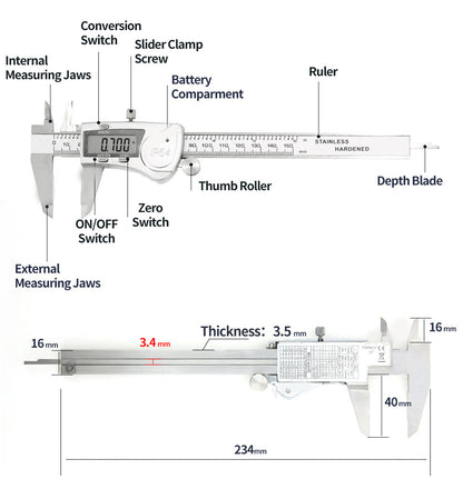Protoolsy Digital Vernier Caliper sizes & features, stainless steel