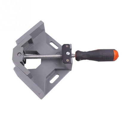 Corner clamp with gray body and black handle on a white background