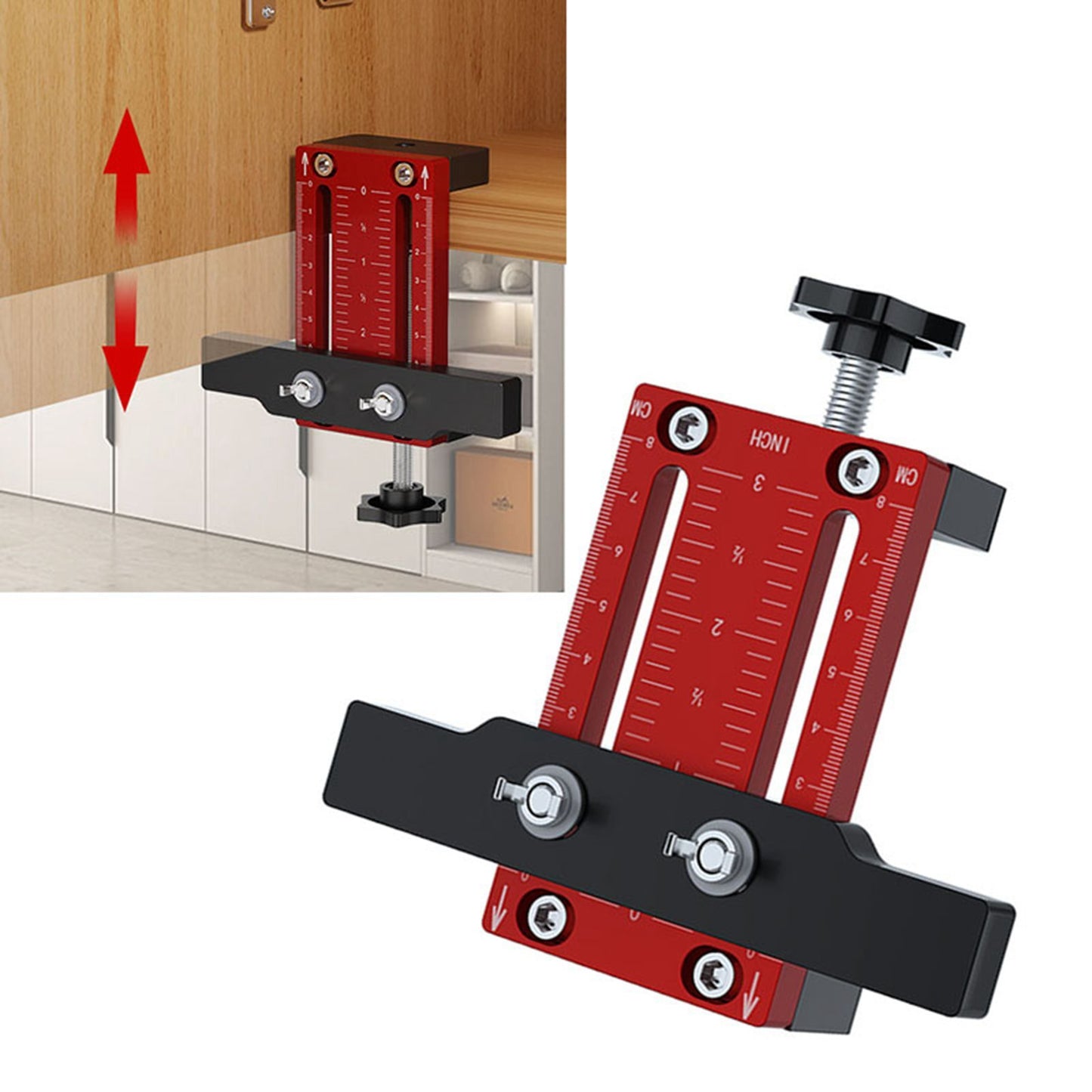 Cabinet Mounting Jig in use, aligning door with precision