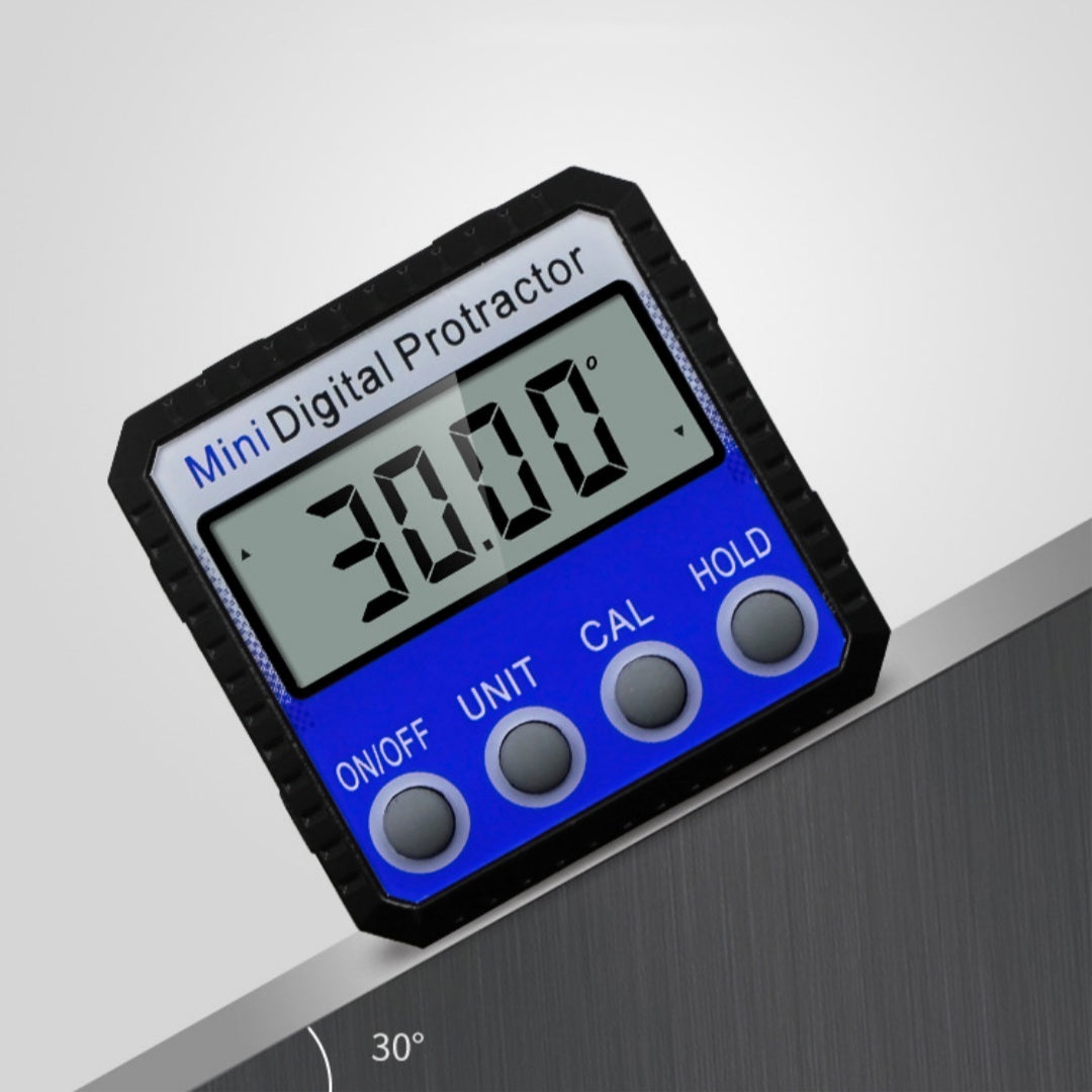 Blue Digital Inclinometer by Protoolsy in use, measuring angles
